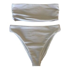 Seafolly Australia white ribbed bikini set- bandeau high rise bottoms sz US 10